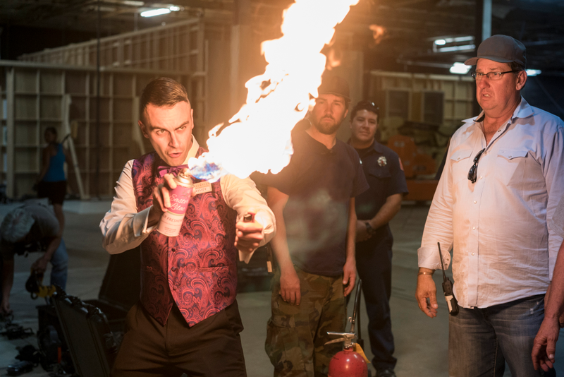 Gilgun practices a pyrotechnic stunt (Photo: Lewis Jacobs/Sony Pictures Television/AMC)